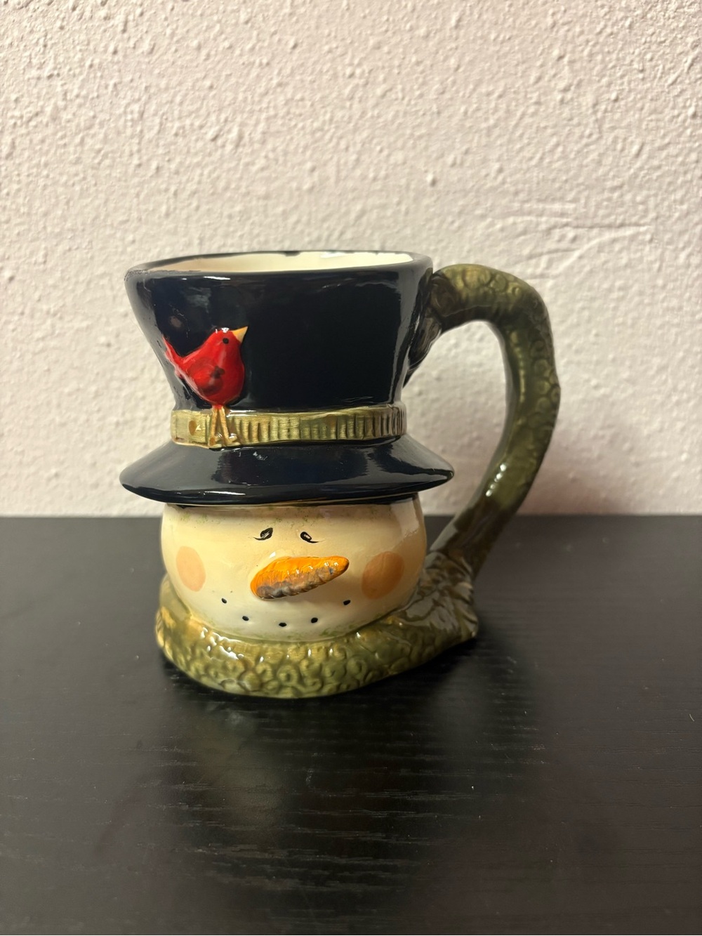 Ceramic Snowman Top Hat Mug Christmas Cardinal Bird Green Scarf Cup